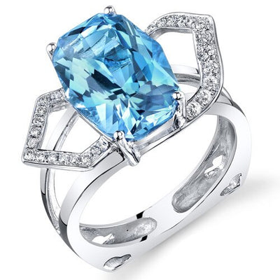 Swiss Blue Topaz Ring 14 Karat White Gold Cushion Shape 6.4 Cts