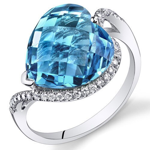 Swiss Blue Topaz Ring 14 Karat White Gold Heart Shape 8.25 Cts