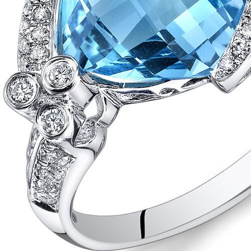 Swiss Blue Topaz Ring 14 Kt White Gold Cushion Shape 5.15 Cts