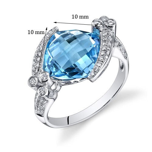 Swiss Blue Topaz Ring 14 Kt White Gold Cushion Shape 5.15 Cts