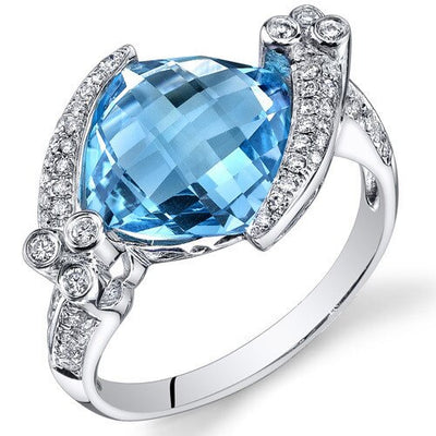 Swiss Blue Topaz Ring 14 Kt White Gold Cushion Shape 5.15 Cts