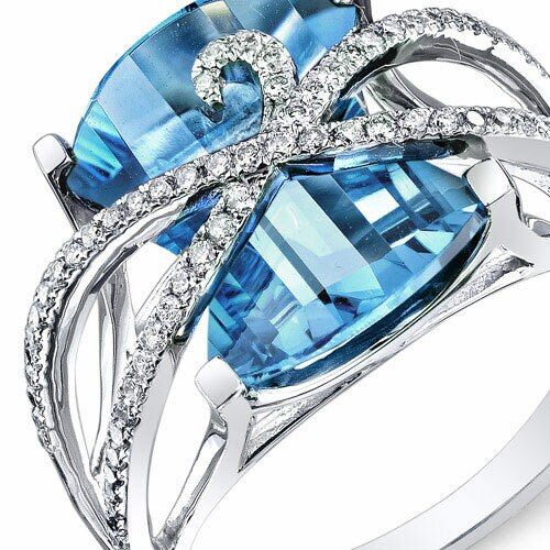 Swiss Blue Topaz Ring 14 Karat White Gold Baroness Cut 9.1 Cts