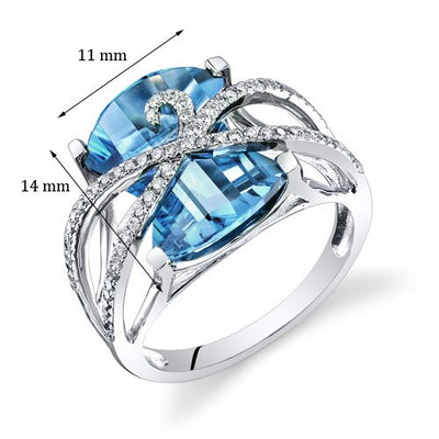 Swiss Blue Topaz Ring 14 Karat White Gold Baroness Cut 9.1 Cts