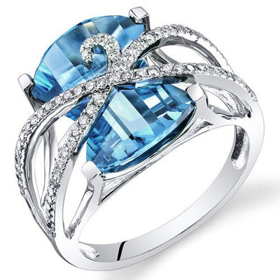 Swiss Blue Topaz Ring 14 Karat White Gold Baroness Cut 9.1 Cts