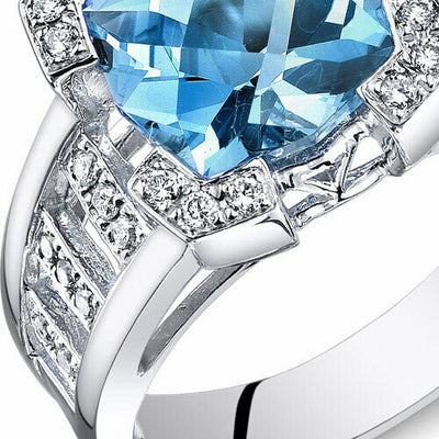 Swiss Blue Topaz Ring 14 Karat White Gold Cushion Cut 3.5 Cts