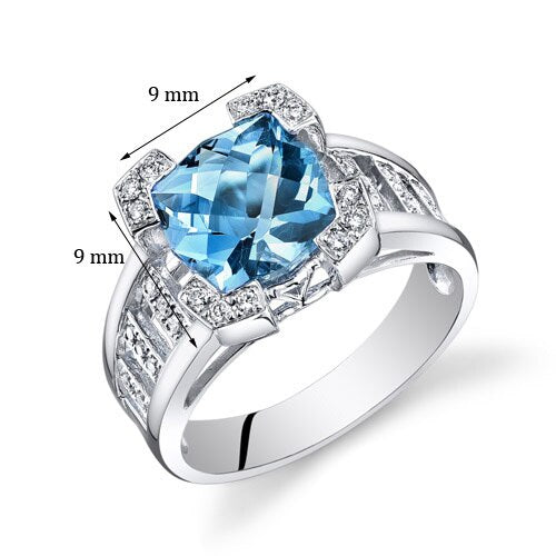 Swiss Blue Topaz Ring 14 Karat White Gold Cushion Cut 3.5 Cts