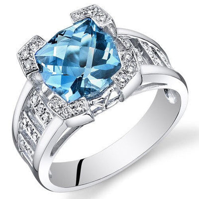 Swiss Blue Topaz Ring 14 Karat White Gold Cushion Cut 3.5 Cts