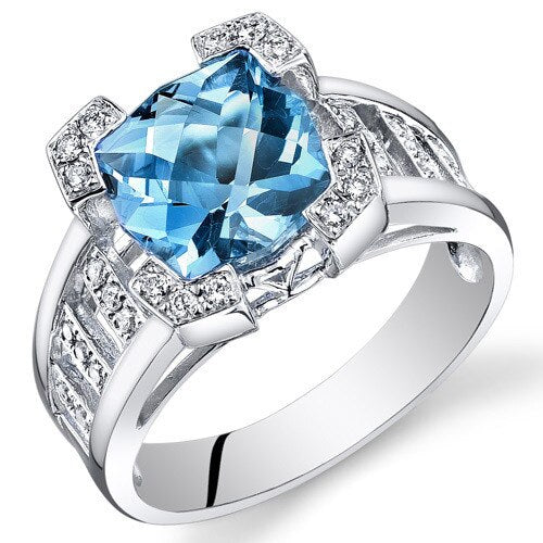 Swiss Blue Topaz Ring 14 Karat White Gold Cushion Cut 3.5 Cts