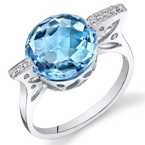 Swiss Blue Topaz Ring 14 Karat White Gold Round Shape 6.25 Cts