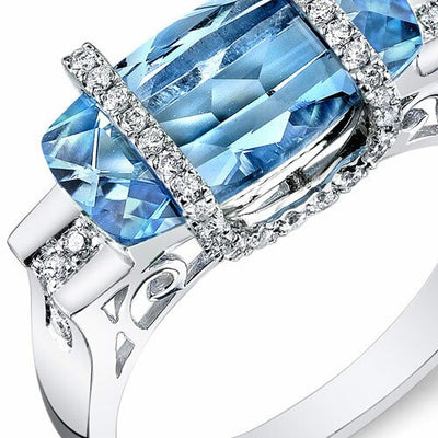 Swiss Blue Topaz Ring 14 Karat White Gold Cushion Shape 4 Carat