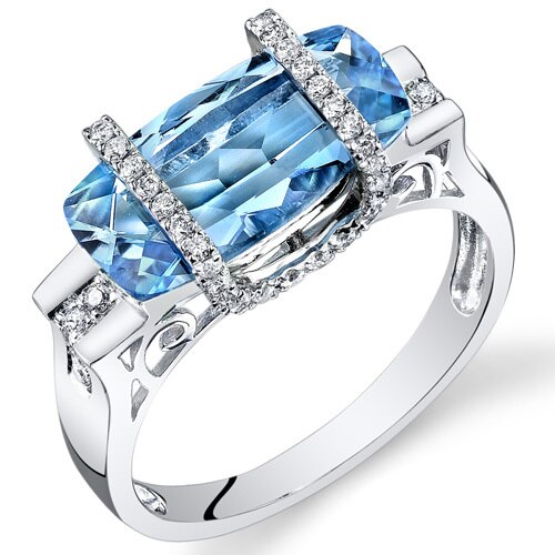 Swiss Blue Topaz Ring 14 Karat White Gold Cushion Shape 4 Carat