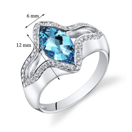 Swiss Blue Topaz Ring 14 Kt White Gold Marquise Shape 1.9 Cts