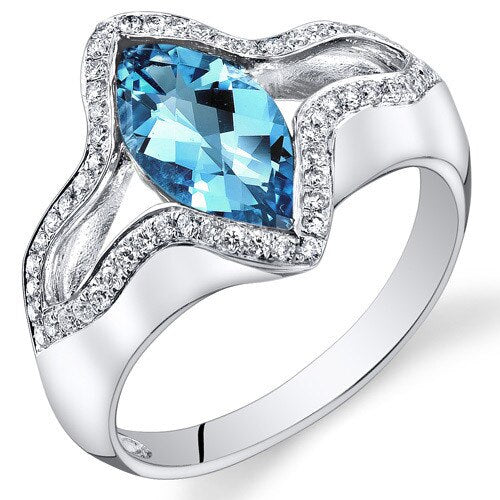 Swiss Blue Topaz Ring 14 Kt White Gold Marquise Shape 1.9 Cts