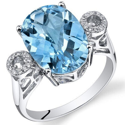 Swiss Blue Topaz Ring 14 Karat White Gold Oval Shape 6.3 Carats