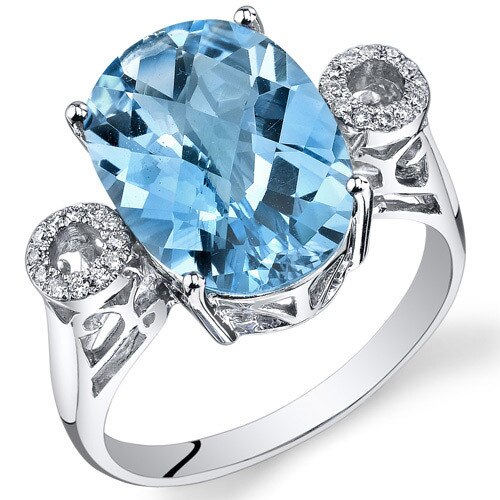 Swiss Blue Topaz Ring 14 Karat White Gold Oval Shape 6.3 Carats