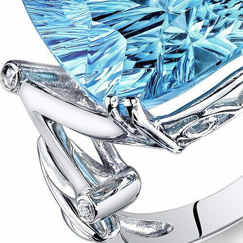 Swiss Blue Topaz Ring 14 Kt White Gold Cushion Shape 13.5 Cts