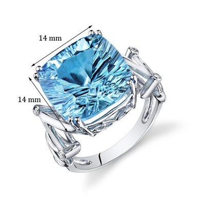 Swiss Blue Topaz Ring 14 Kt White Gold Cushion Shape 13.5 Cts