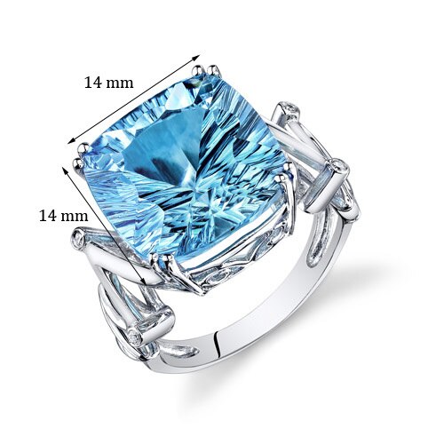 Swiss Blue Topaz Ring 14 Kt White Gold Cushion Shape 13.5 Cts