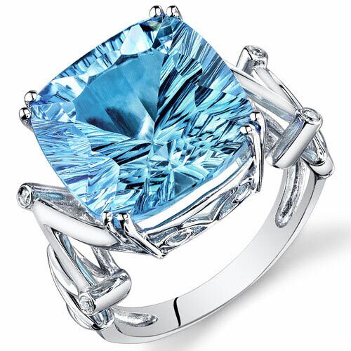 Swiss Blue Topaz Ring 14 Kt White Gold Cushion Shape 13.5 Cts