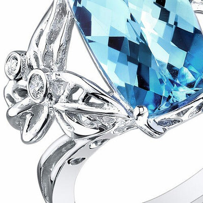 Swiss Blue Topaz Ring 14 Kt White Gold Cushion Shape 4.15 Cts