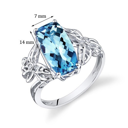 Swiss Blue Topaz Ring 14 Kt White Gold Cushion Shape 4.15 Cts