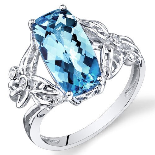 Swiss Blue Topaz Ring 14 Kt White Gold Cushion Shape 4.15 Cts