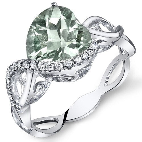 Green Amethyst Ring 14 Karat White Gold Heart Shape 2.25 Carats