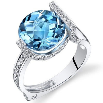 Swiss Blue Topaz Ring 14 Karat White Gold Round Shape 6.35 Cts