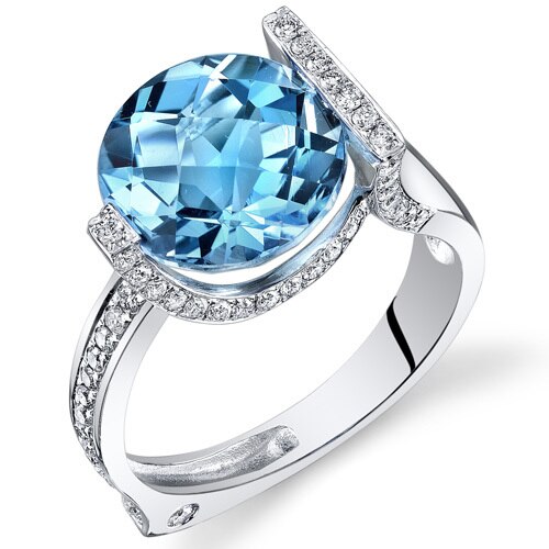 Swiss Blue Topaz Ring 14 Karat White Gold Round Shape 6.35 Cts