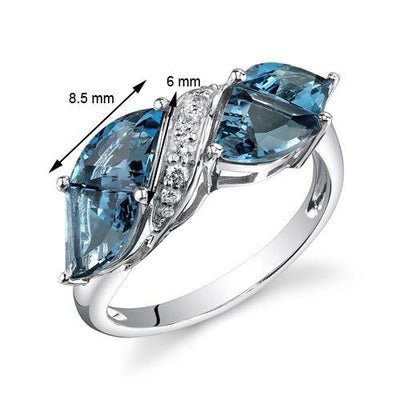 London Blue Topaz Ring 14 Karat White Gold Fan Cut 4.24 Carats