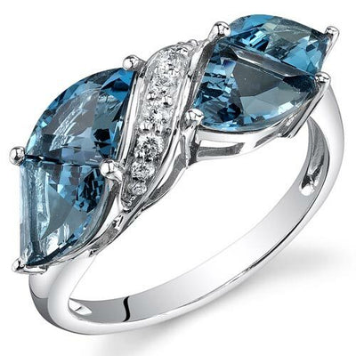 London Blue Topaz Ring 14 Karat White Gold Fan Cut 4.24 Carats