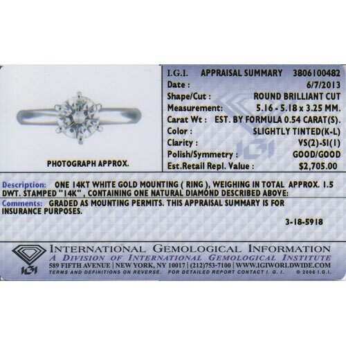 Diamond Solitaire Ring 14K White Gold 0.54 Carats IGI Certified