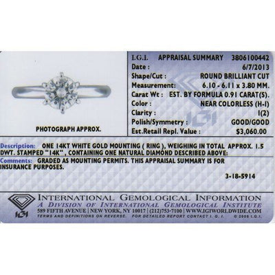 Diamond Solitaire Ring 14K White Gold 0.91 Carats IGI Certified