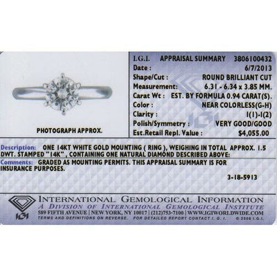 Diamond Solitaire Ring 14K White Gold 0.94 Carats IGI Certified