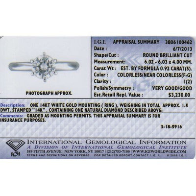 Diamond Solitaire Ring 14K White Gold 0.92 Carats IGI Certified