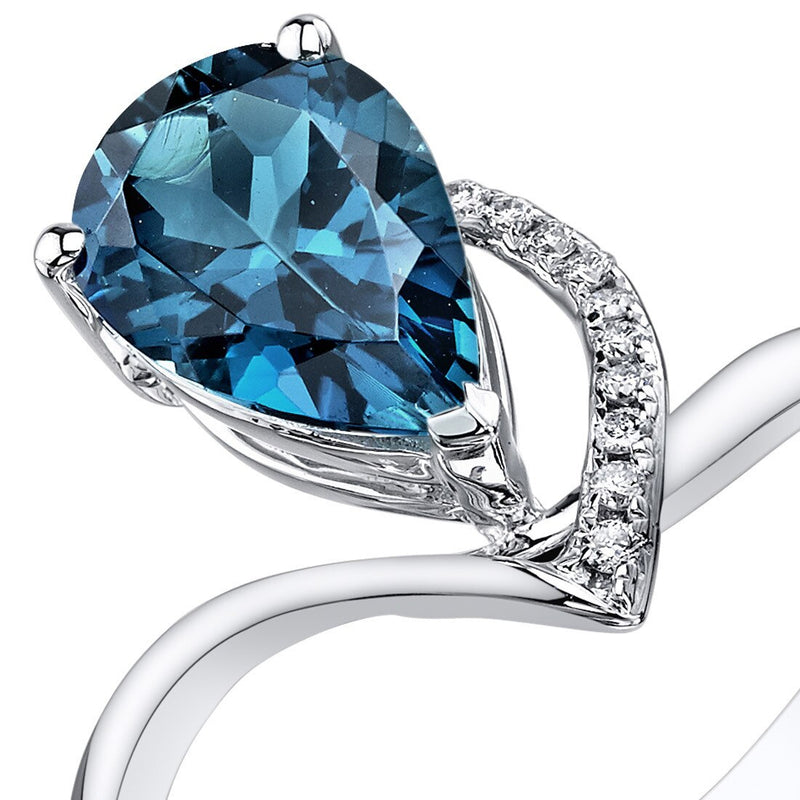 London Blue Topaz Ring 14 Karat White Gold Pear Shape 2.2 Carat