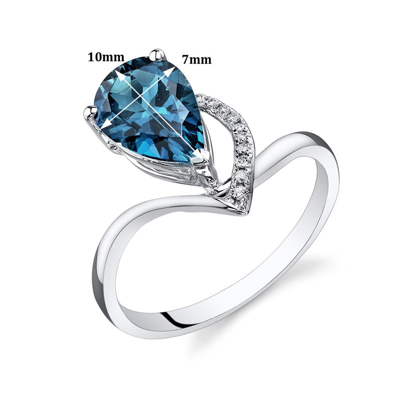 London Blue Topaz Ring 14 Karat White Gold Pear Shape 2.2 Carat