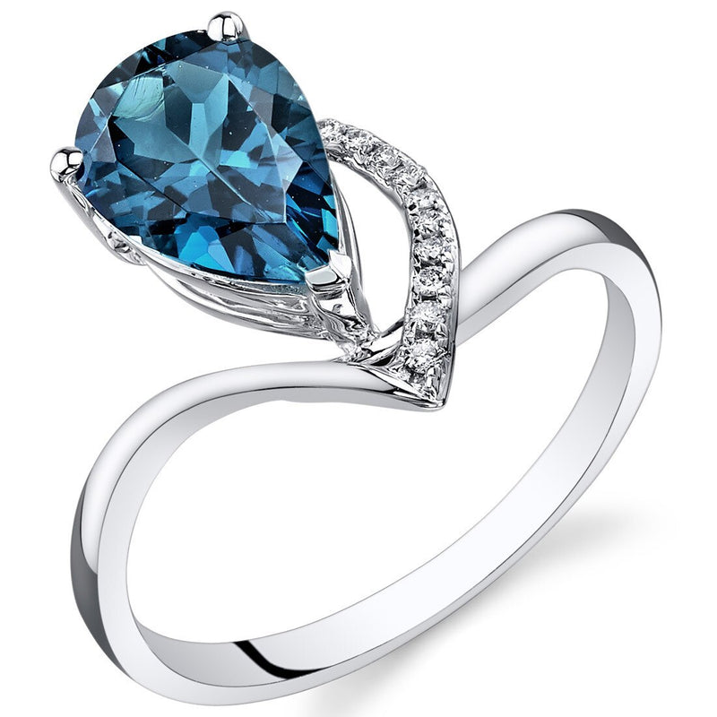 London Blue Topaz Ring 14 Karat White Gold Pear Shape 2.2 Carat