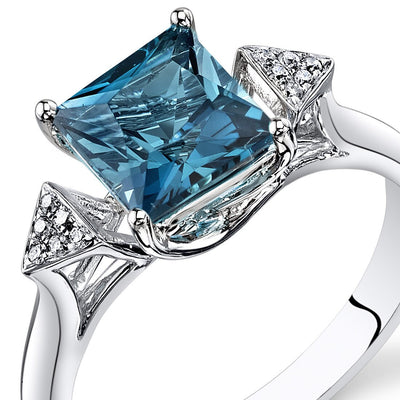 London Blue Topaz Ring 14 Karat White Gold Princess Shape 2 Cts