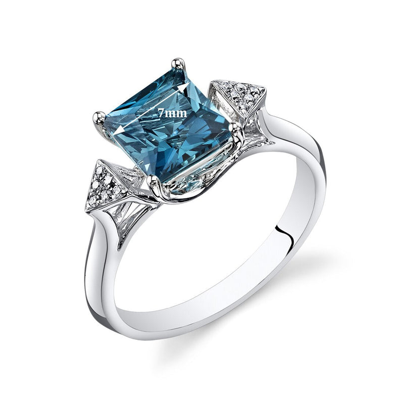 London Blue Topaz Ring 14 Karat White Gold Princess Shape 2 Cts