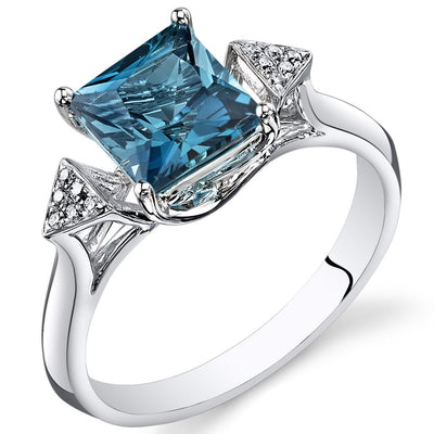 London Blue Topaz Ring 14 Karat White Gold Princess Shape 2 Cts