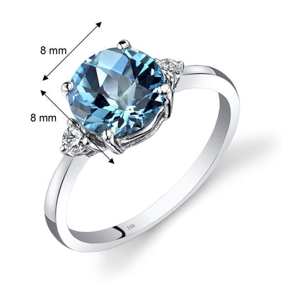 14K White Gold Swiss Blue Topaz Diamond Ring 2.25 Carat Round Cut