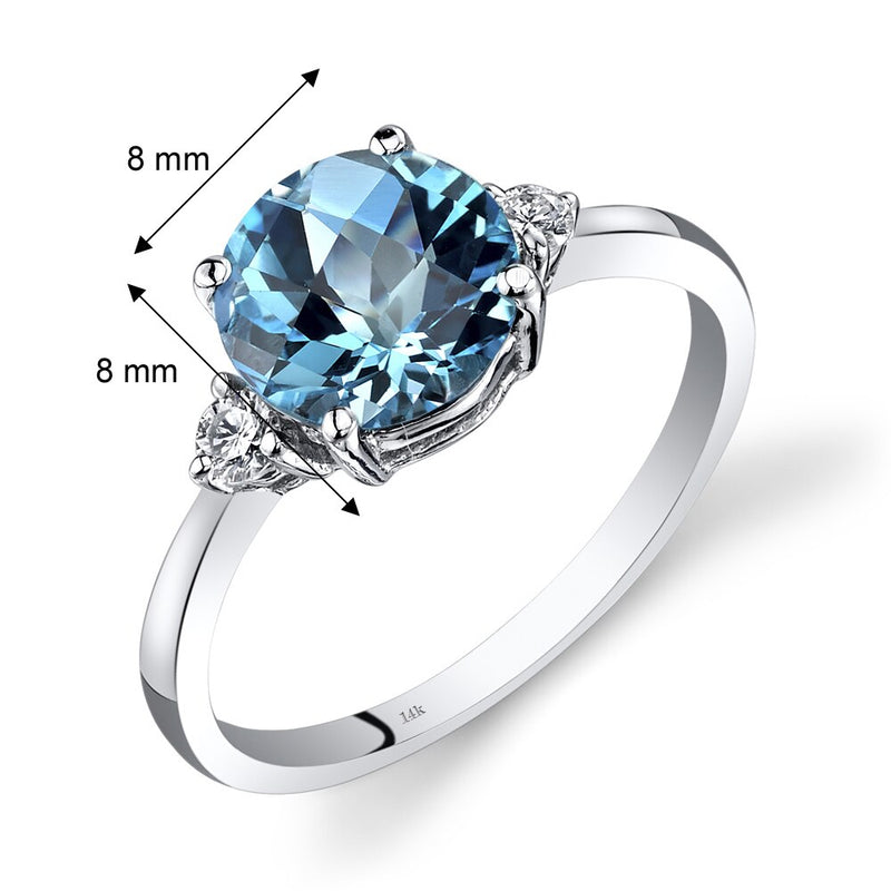 14K White Gold Swiss Blue Topaz Diamond Ring 2.25 Carat Round Cut