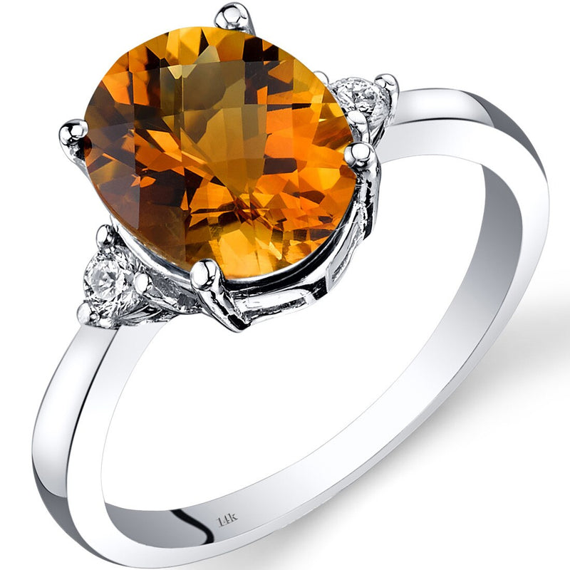 14K White Gold Citrine Diamond Ring 2.25 Carat Oval Cut