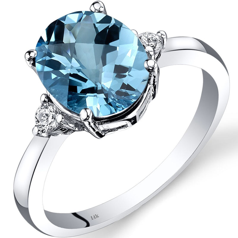 14K White Gold Swiss Blue Topaz Diamond Ring 2.75 Carat Oval Cut