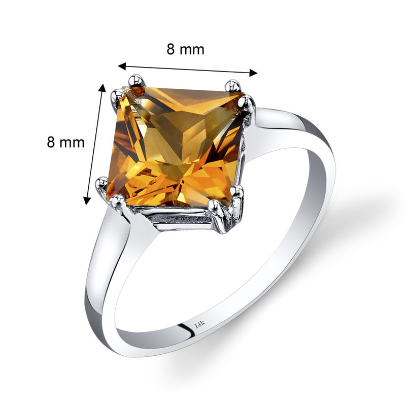 14K White Gold Citrine Solitaire Ring 2.25 Carat Princess Cut