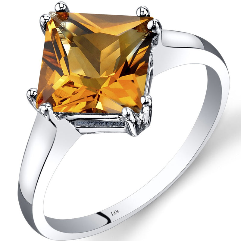 14K White Gold Citrine Solitaire Ring 2.25 Carat Princess Cut