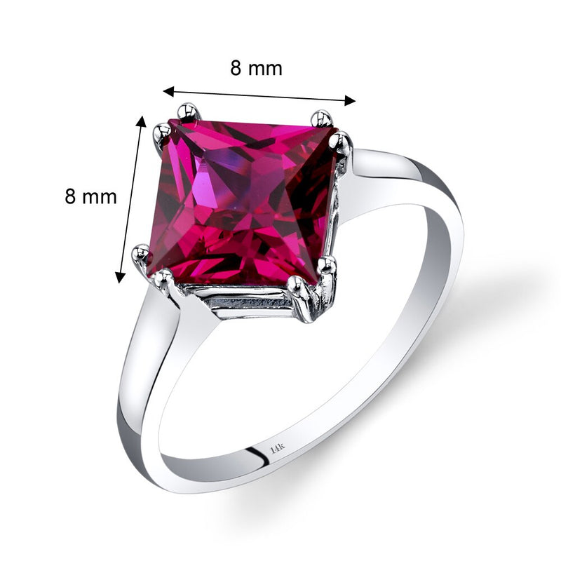 14K White Gold Created Ruby Solitaire Ring 3.25 Carat Princess Cut