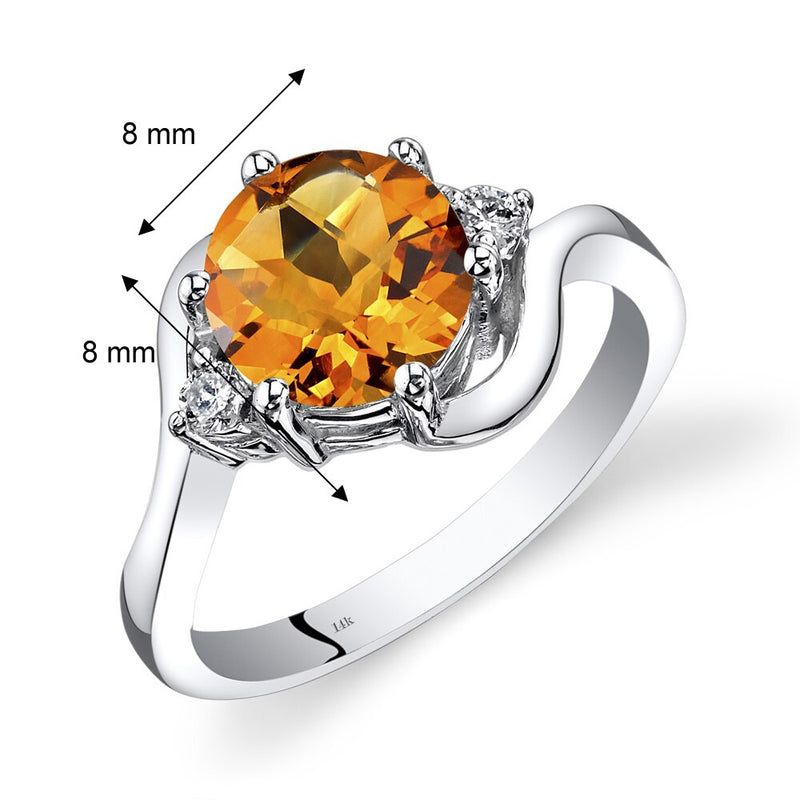 14K White Gold Citrine Diamond 3 Stone Ring 1.75 Carat