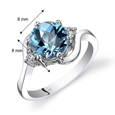 14K White Gold Swiss Blue Topaz Diamond 3 Stone Ring 2.25 Carat